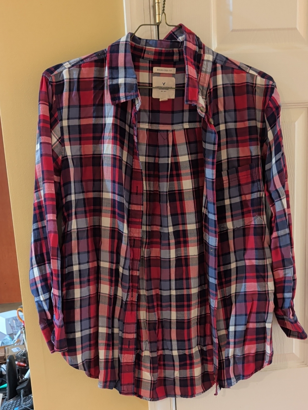 American Eagle Outfitters Red, Blue & White Plaid Button-Down Shirt